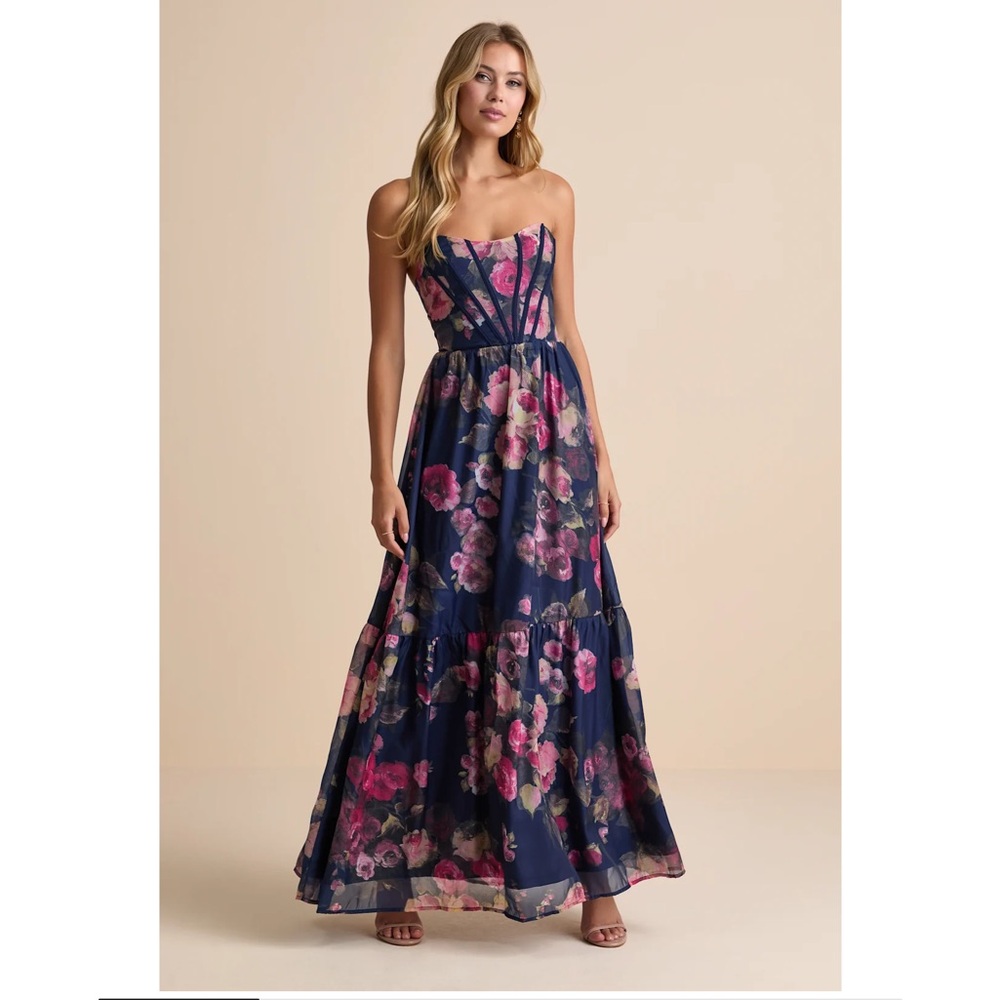 Lulus Roane Navy Floral Organza Bustier Strapless Lightweight Maxi Dress NWT XS